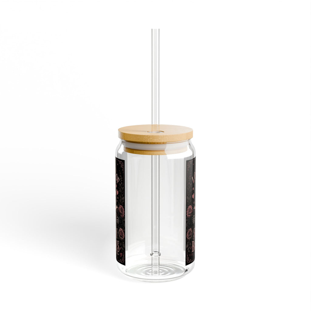 16oz Glass Sipper — Skeleton Bones & Roses Design, “Lover of Spicy Books”