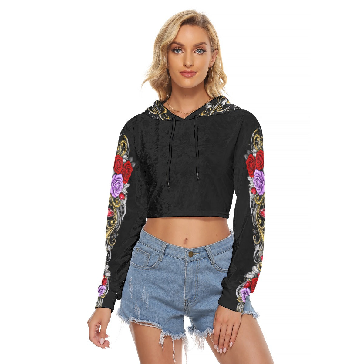Red n' Lavander Skull n' Rose Print, Women's Crop Top Hoodie|Velvet