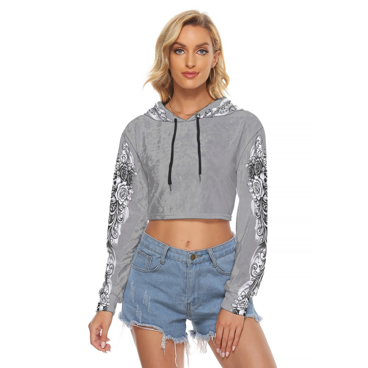 Black N' White Skull and Rose print, Women's Crop Top Hoodie|Velvet