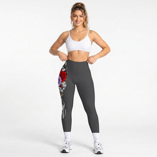 (Dark Gray) Red, Lavander Rose, Skull Seamless High Waisted Butt-Lifting Leggings