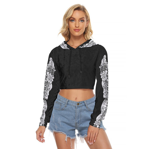 Black N' White Rose and Skull Print, Women's Crop Top Hoodie|Velvet