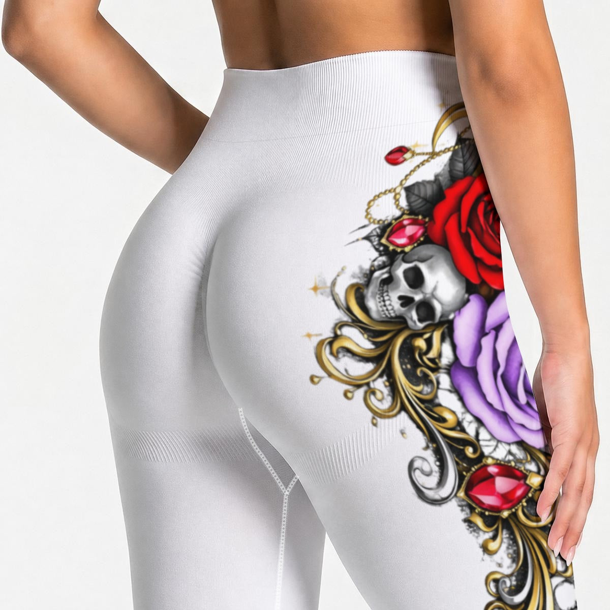 (White) Red, Lavander Rose, Skull Seamless High Waisted Butt-Lifting Leggings