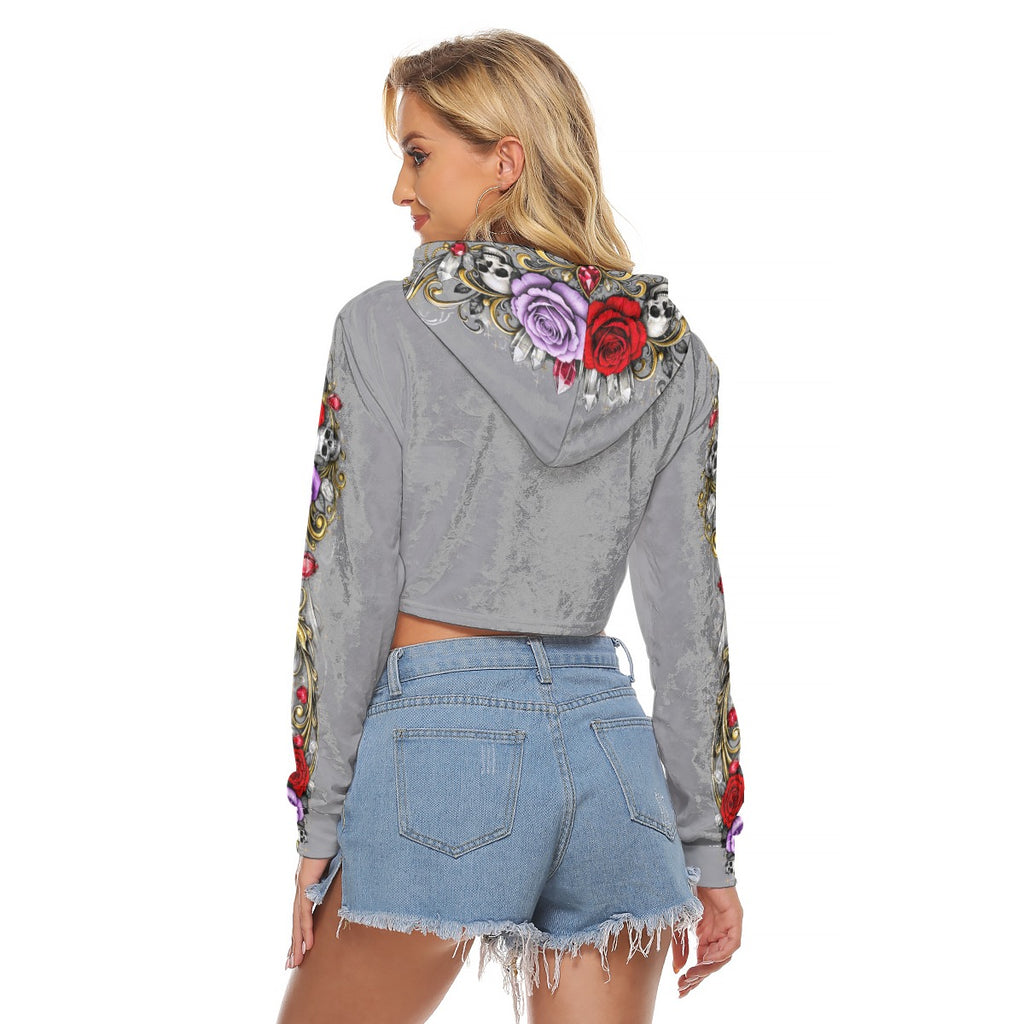 Red N' Lavender Skull and Rose Print, Women's Crop Top Hoodie|Velvet