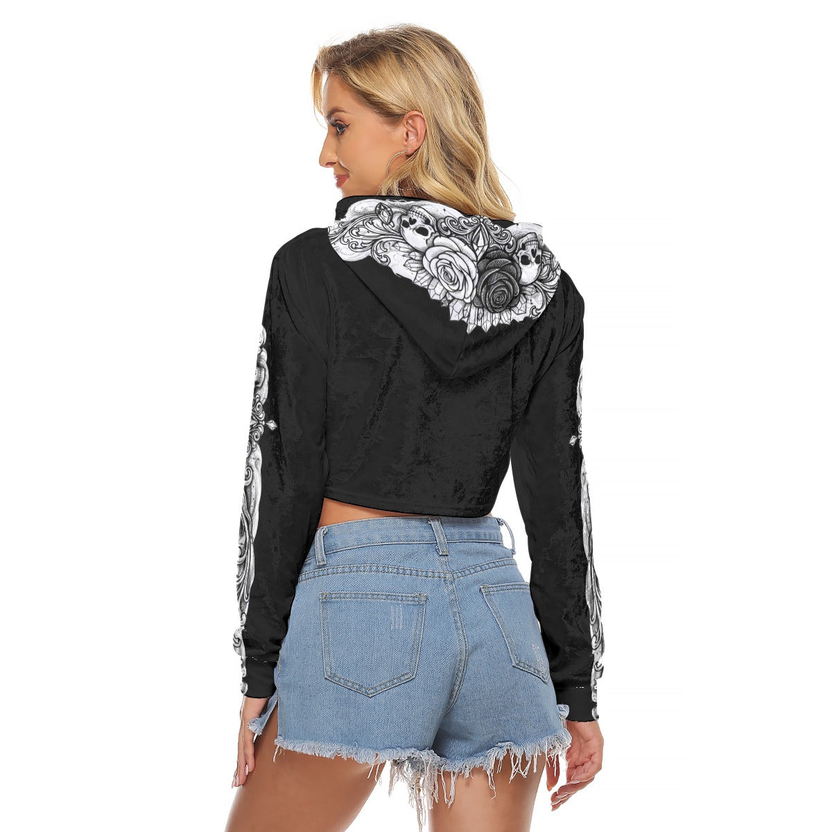 Black N' White Rose and Skull Print, Women's Crop Top Hoodie|Velvet