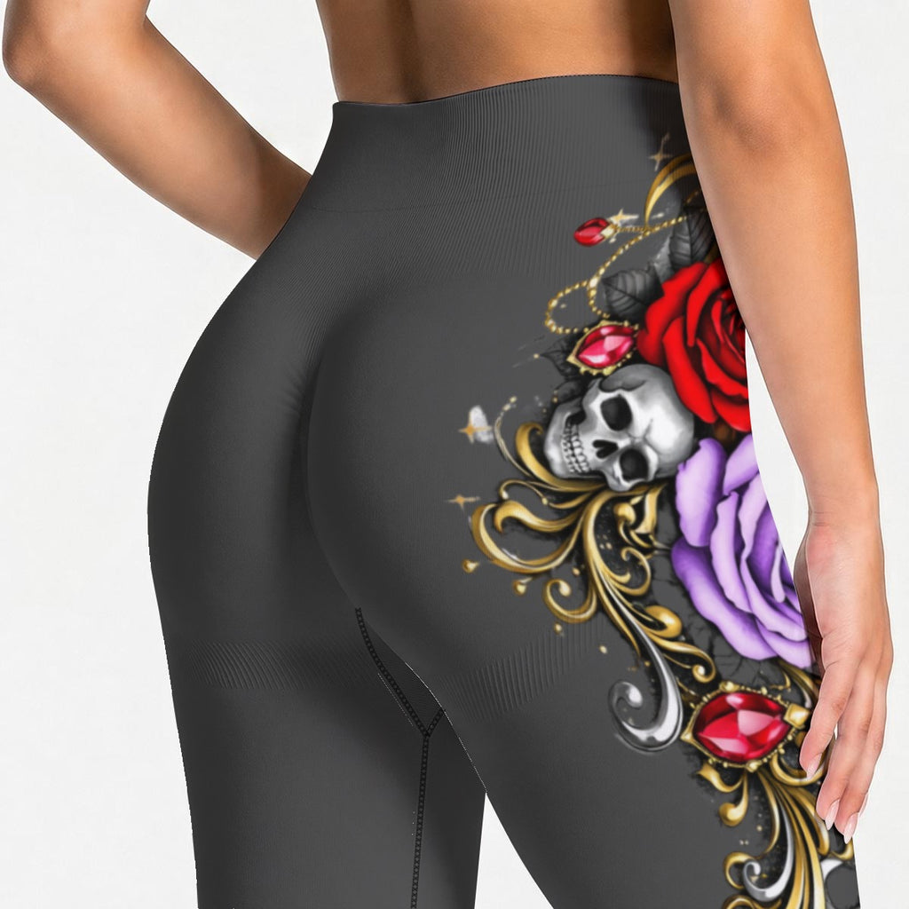 (Dark Gray) Red, Lavander Rose, Skull Seamless High Waisted Butt-Lifting Leggings