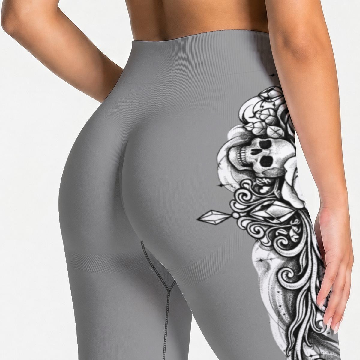(Light Gray) Black n Gray Rose, Skull Seamless High Waisted Butt-Lifting Leggings