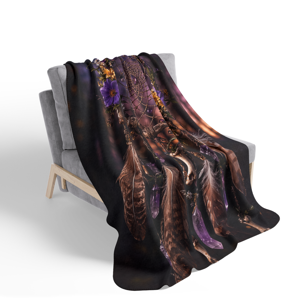 Purple Dreamcatcher Fleece Sherpa Blanket | Feathers, Crystals, Floral Boho