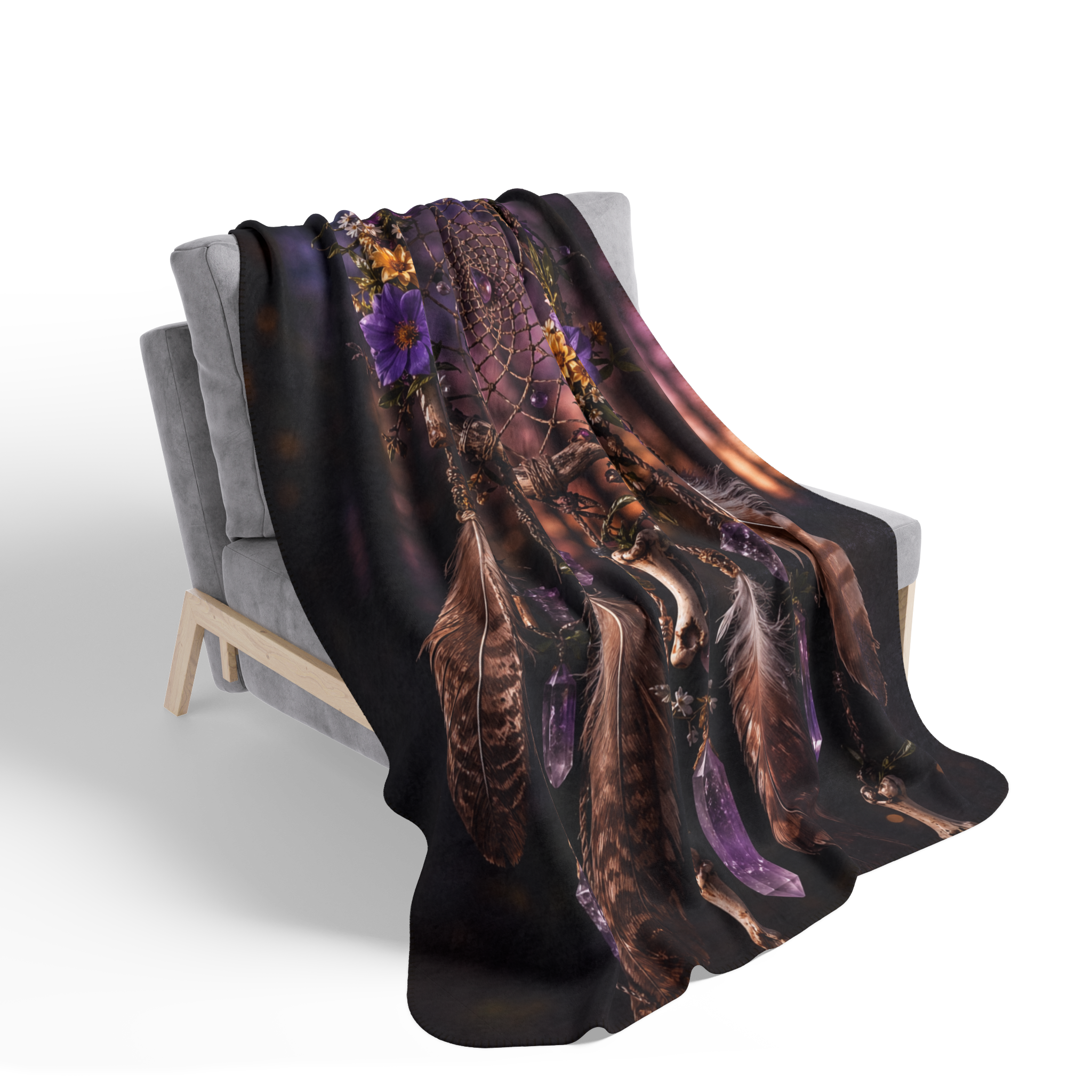 Purple Dreamcatcher Fleece Sherpa Blanket | Feathers, Crystals, Floral Boho