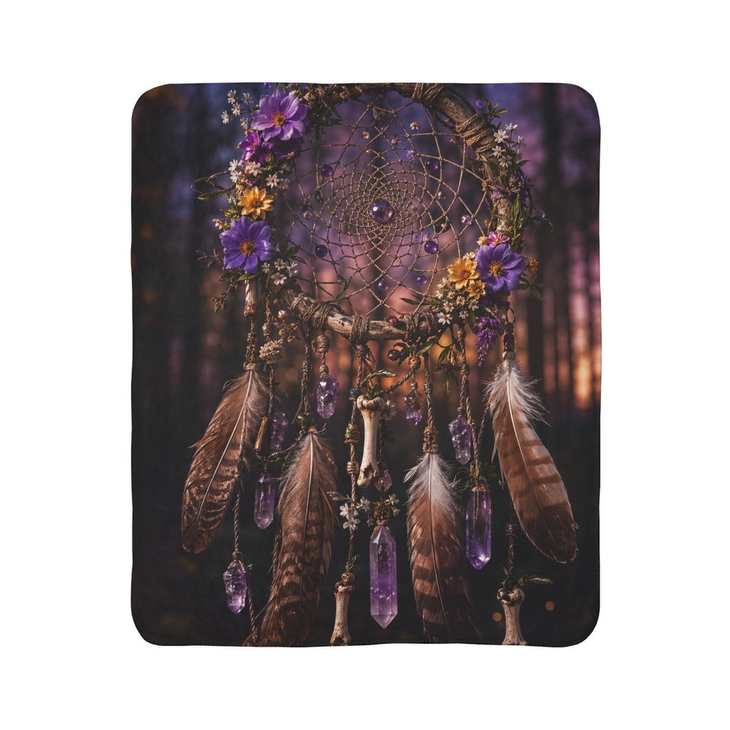 Purple Dreamcatcher Fleece Sherpa Blanket | Feathers, Crystals, Floral Boho