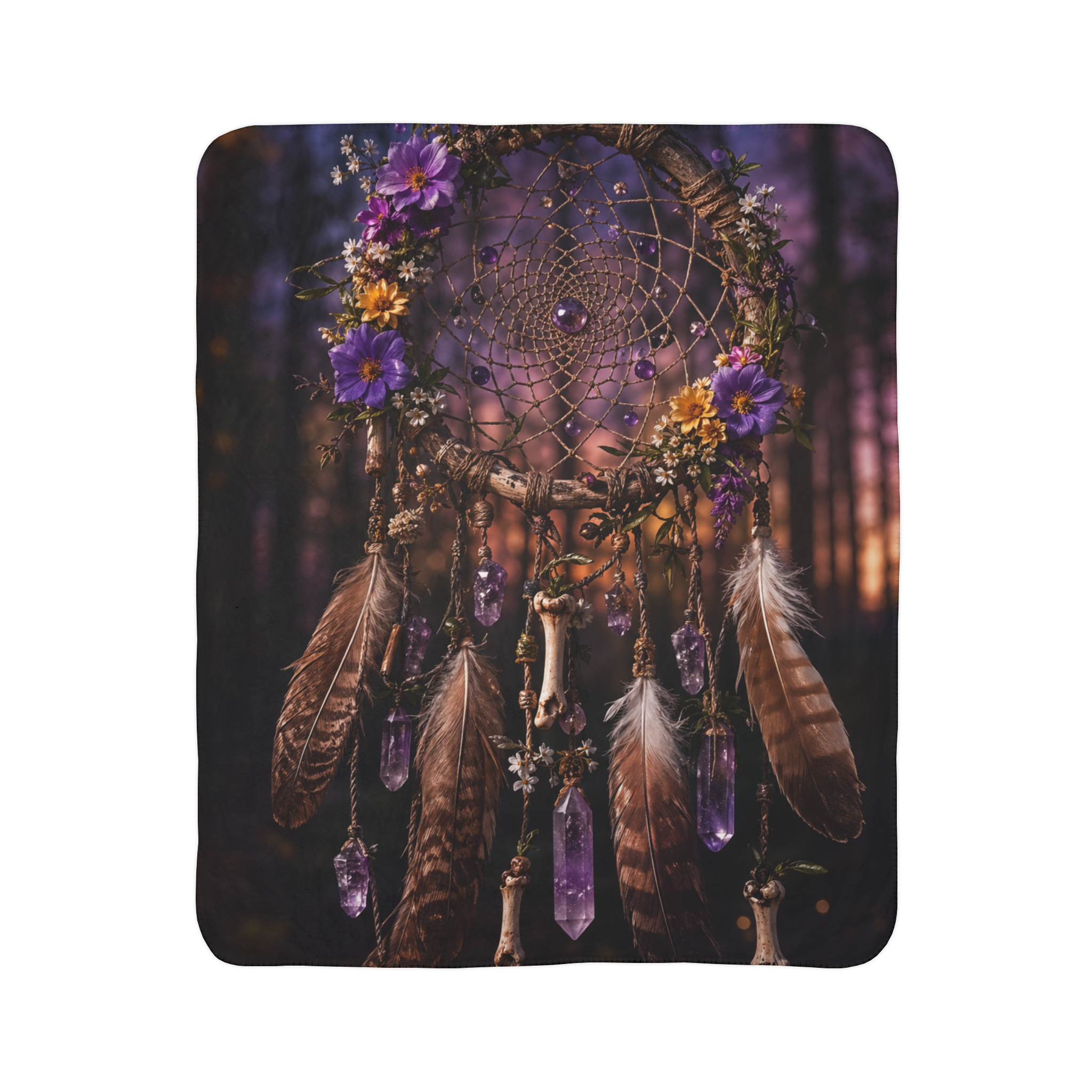 Purple Dreamcatcher Fleece Sherpa Blanket | Feathers, Crystals, Floral Boho