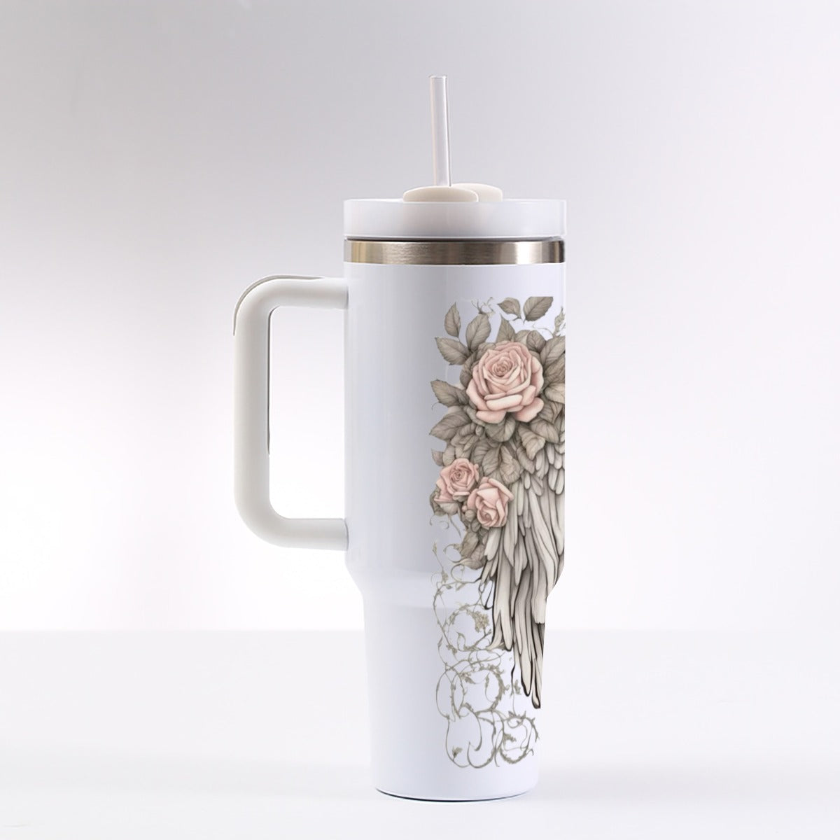 Angel Wings and Pink Roses 40 oz Tumbler With Handle
