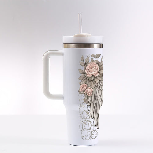 Angel Wings and Pink Roses 40 oz Tumbler With Handle