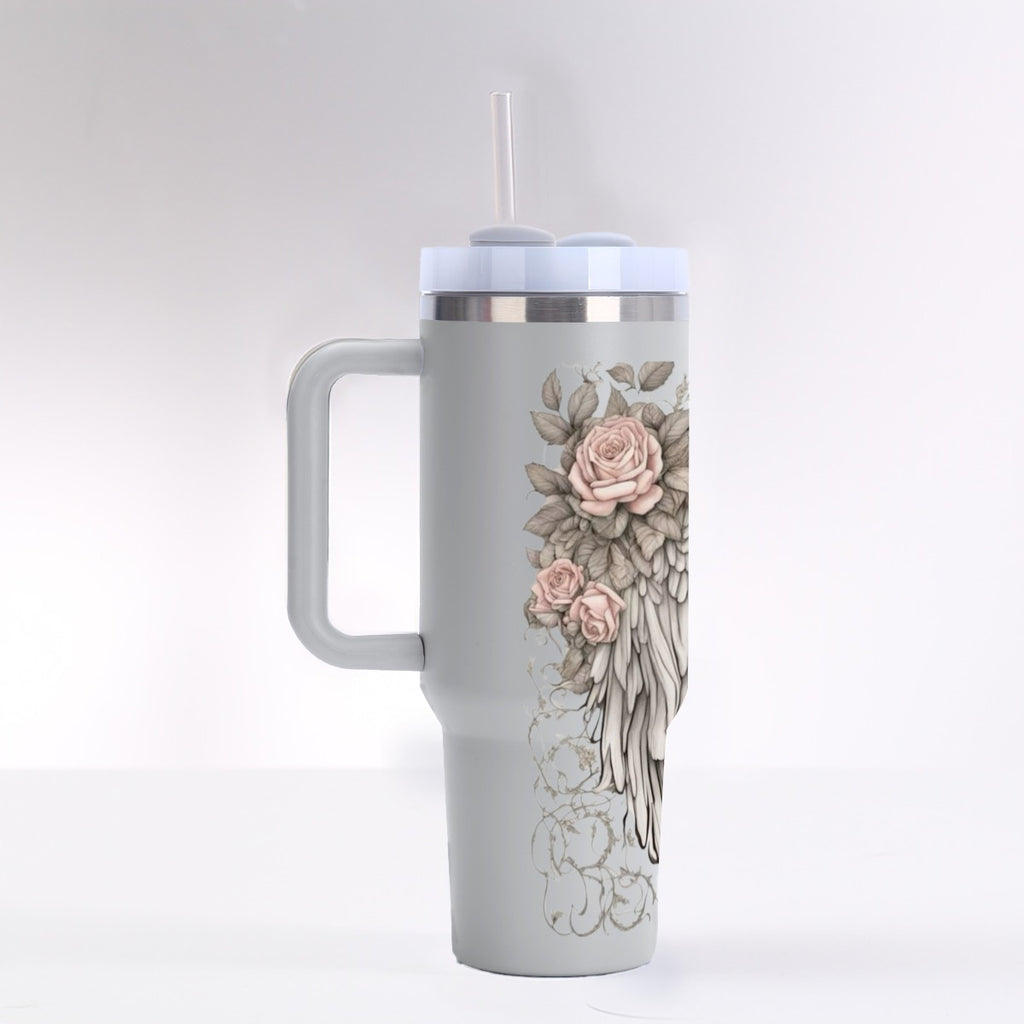 Angel Wings and Pink Roses 40 oz Tumbler With Handle